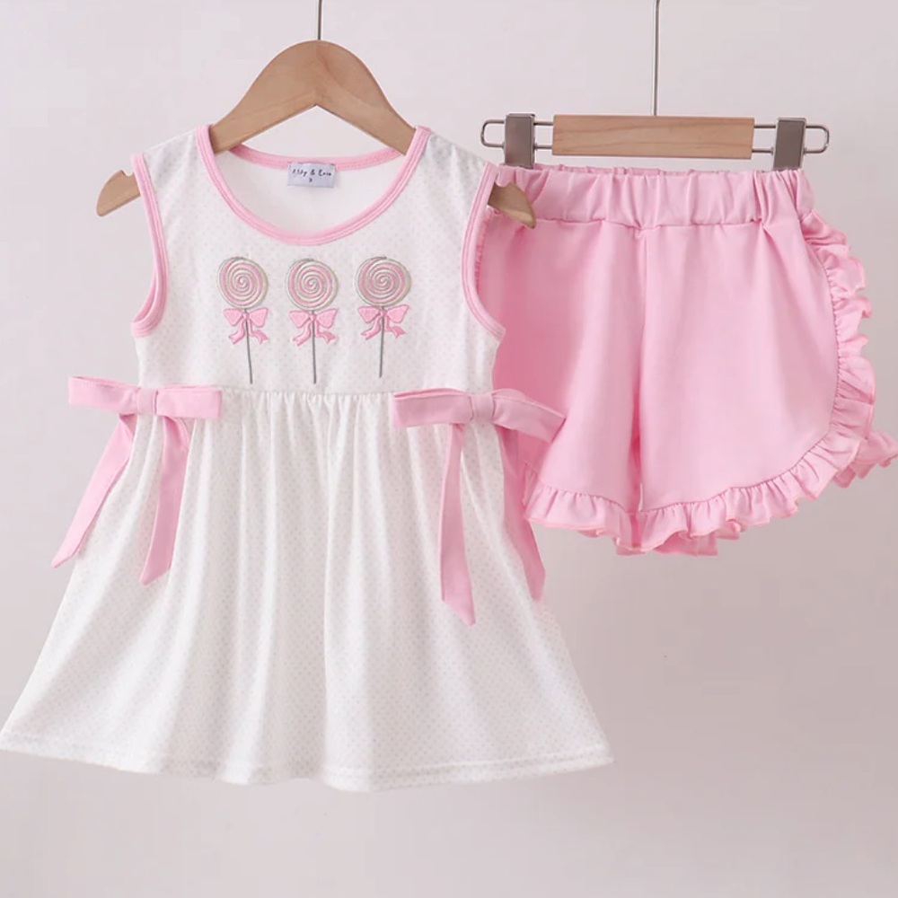 RARE Abby & Evie
PINK LOLLIPOP EMBROIDERY RUFFLE SHORTS SET Girls Size 3T NWT
